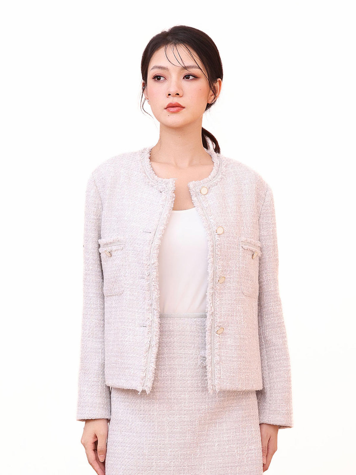 CREW NECK DOUBLE POCKETS TWEED JACKET