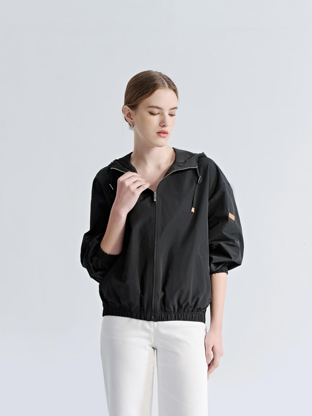 RELAXED DROPPED SHOULDER BOMBER JACKET W/ HOOD