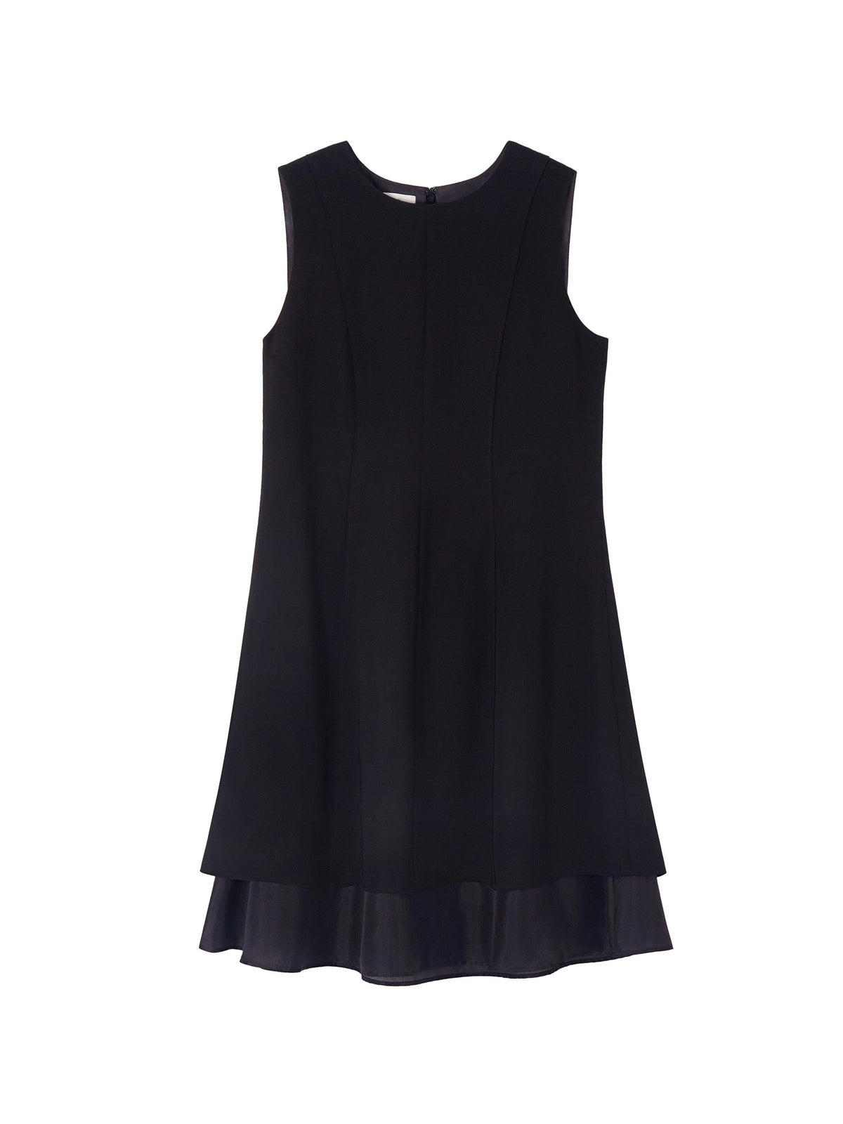 SLEEVELESS KNEE LENGTH BLACK DRESS W/ DOUBLE CHIFFON LAYER