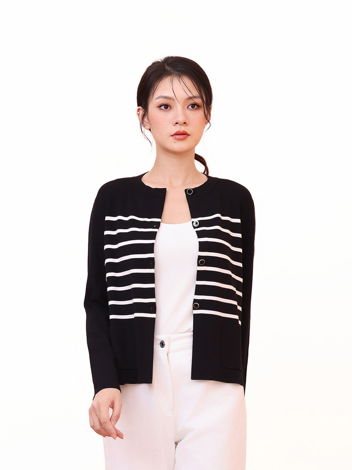 CREW NECK BUTTON FRONT CARDIGAN