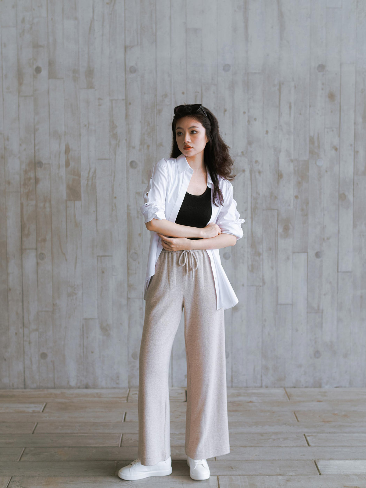 WOOL CASHMERE STRAIGHT LEG DRAWSTRING PANTS